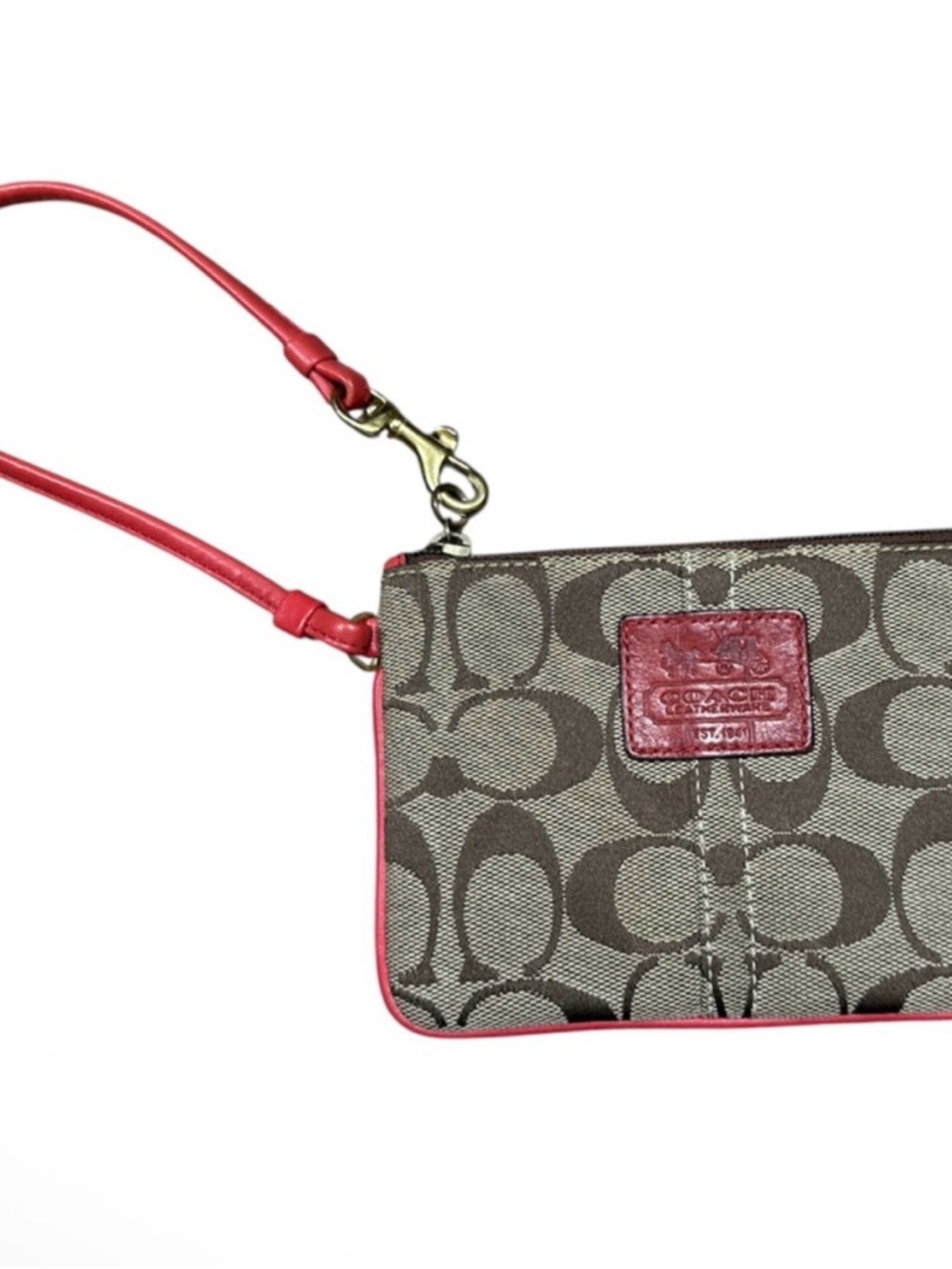 Coach Signature Canvas Wristlet in Brown and Red Trim